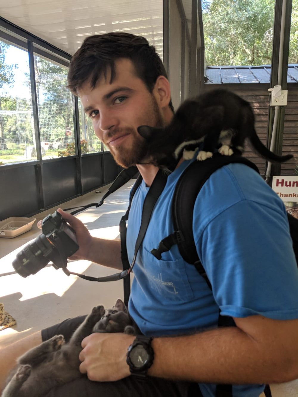 Bouncy Tails founder with rescue cats at a shelter